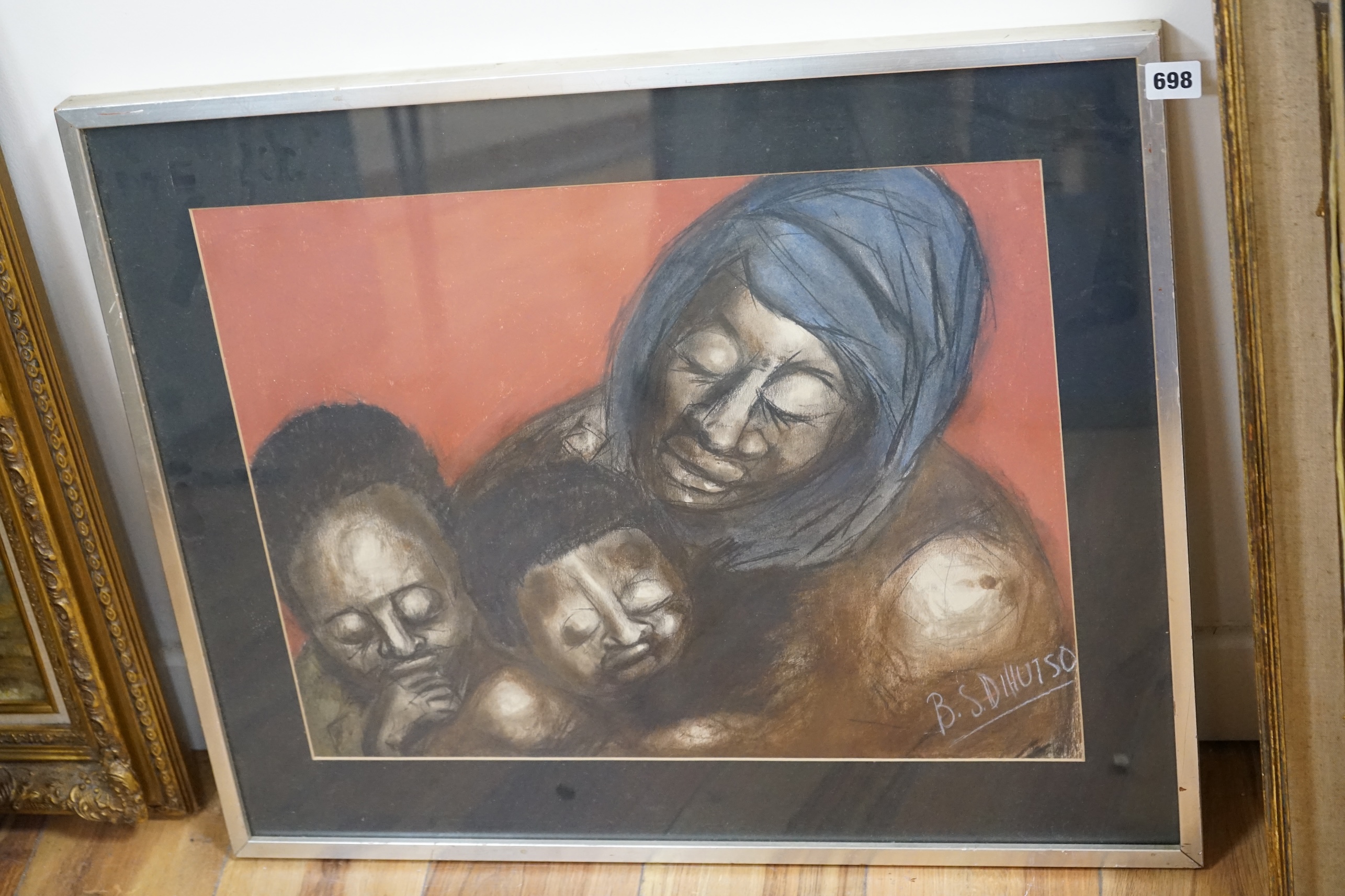 B.S. Dihutso, pastel, Mother and children, signed, 42 x 55cm. Condition - good